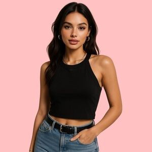 ZARA Trafaluc Black Ribbed High-Neck Crop Tank Top – Size S